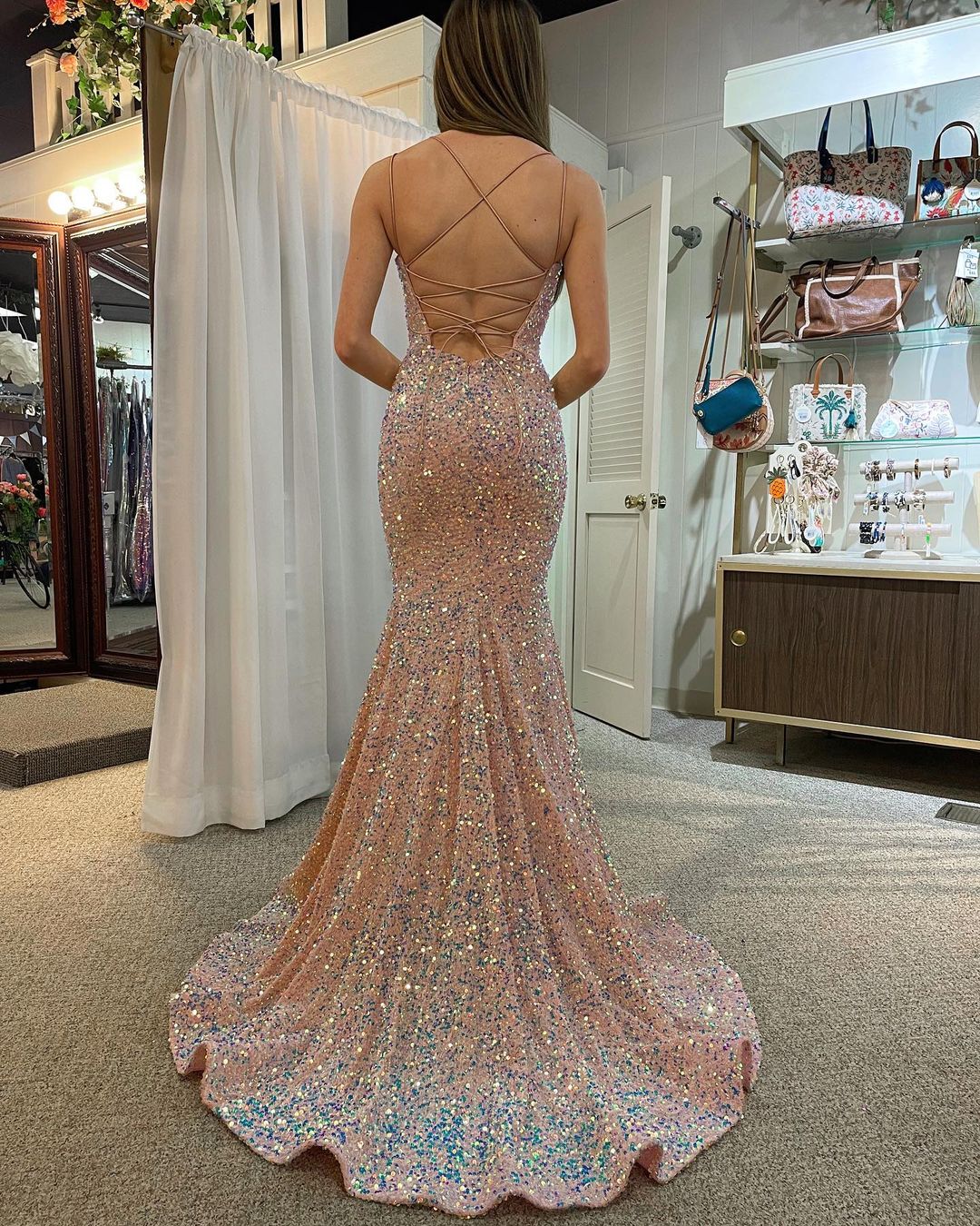 Sparkly Spaghetti Straps Cross Back Mermaid Long Prom Dresses Formal Dress, OL811