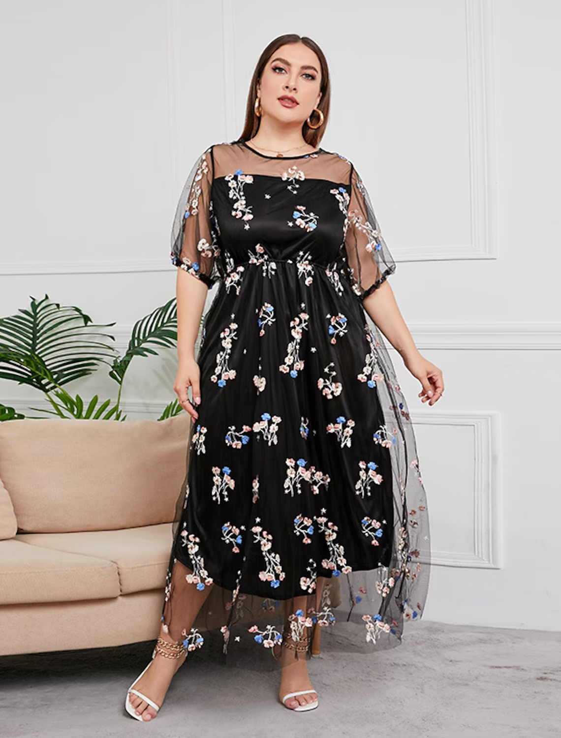 Plus Size Curve Mother of the Bride Dress Party Sparkle Shine Neck Ankle Length Tulle Half Sleeve with Sequin Embroider