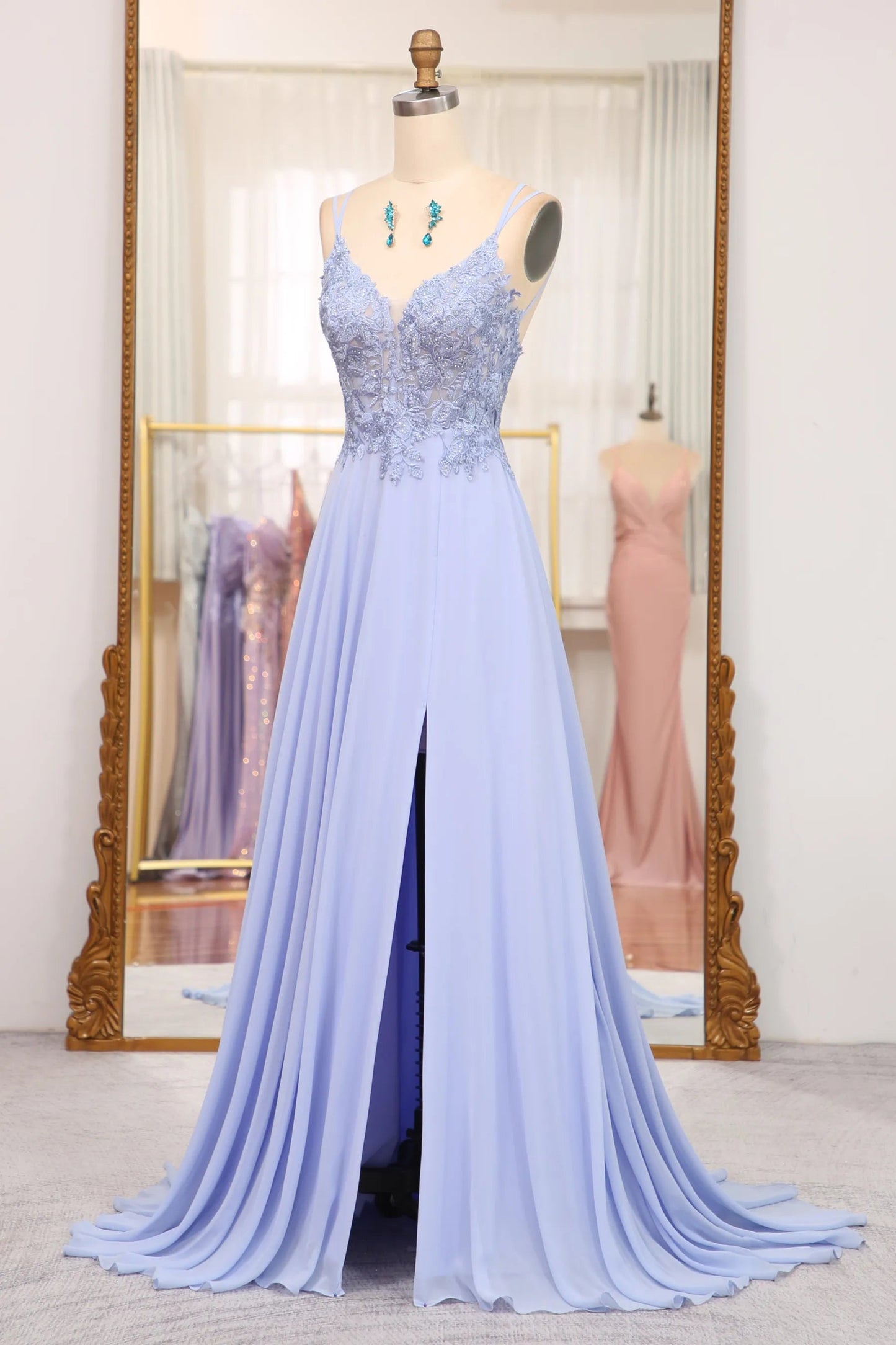 A Line Lace Up Long Prom Dress With Appliques Sexy