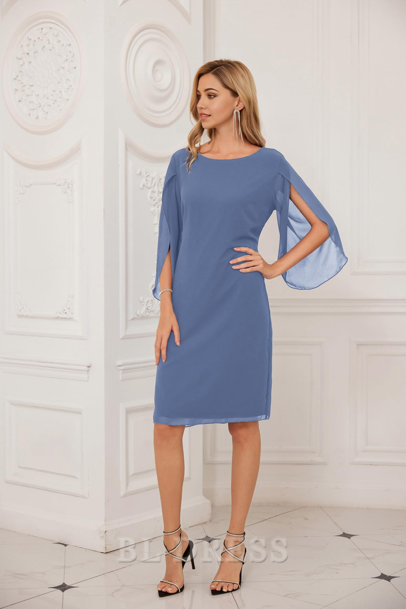 Sheath Crew Neck Tea Length Chiffon formal dresses Bridesmaid Dresses evening gown Prom Dress