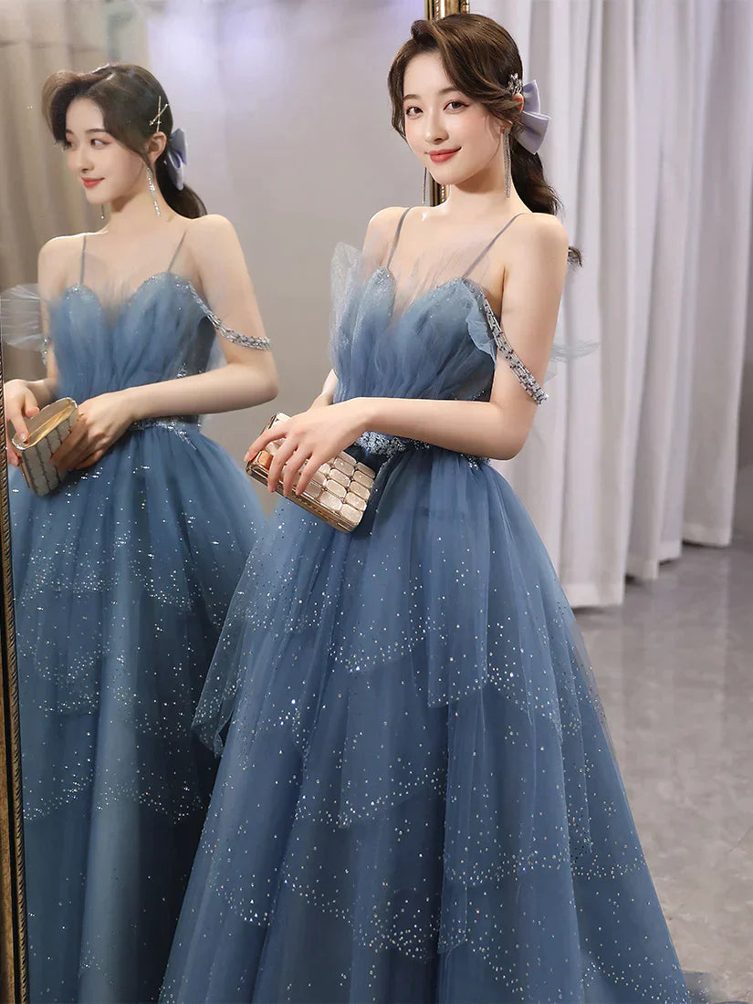 Blue Tulle Sweetheart Beaded Straps A-line Junior Prom Dress, Blue Long Evening Dress