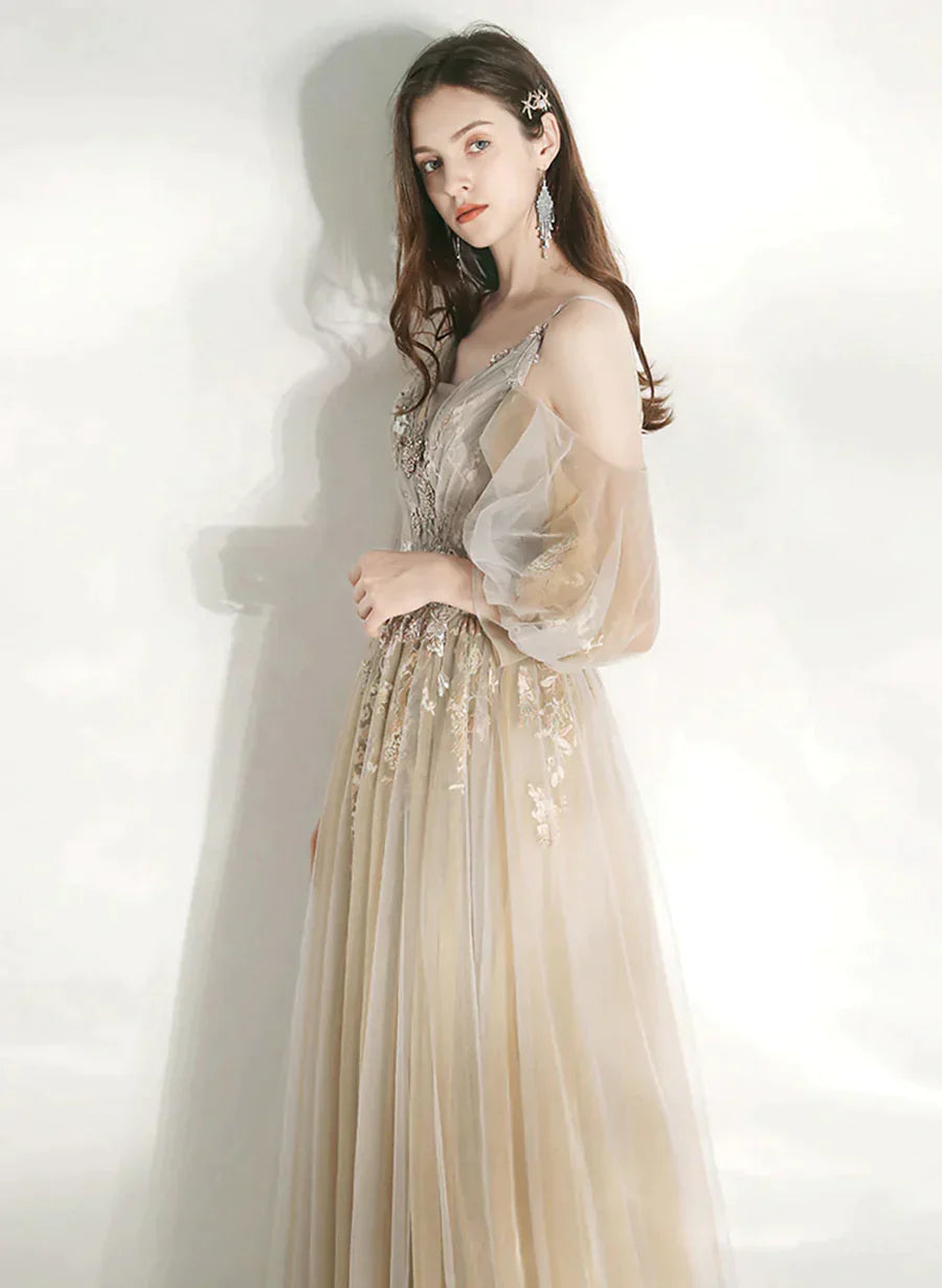 Light Champagne V-neckline Party Dress, A-line Long Prom Dress Evening Dress