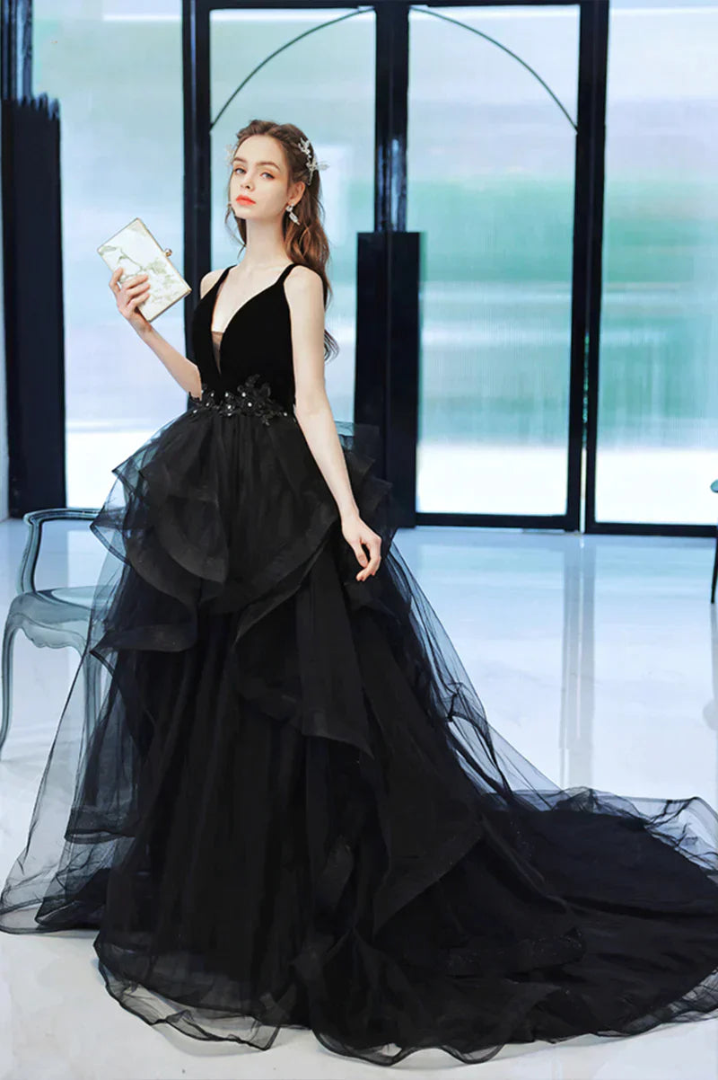 Black Straps V-neckline Tulle Long Party Dress, Black Low Back Prom Dress Formal Dress