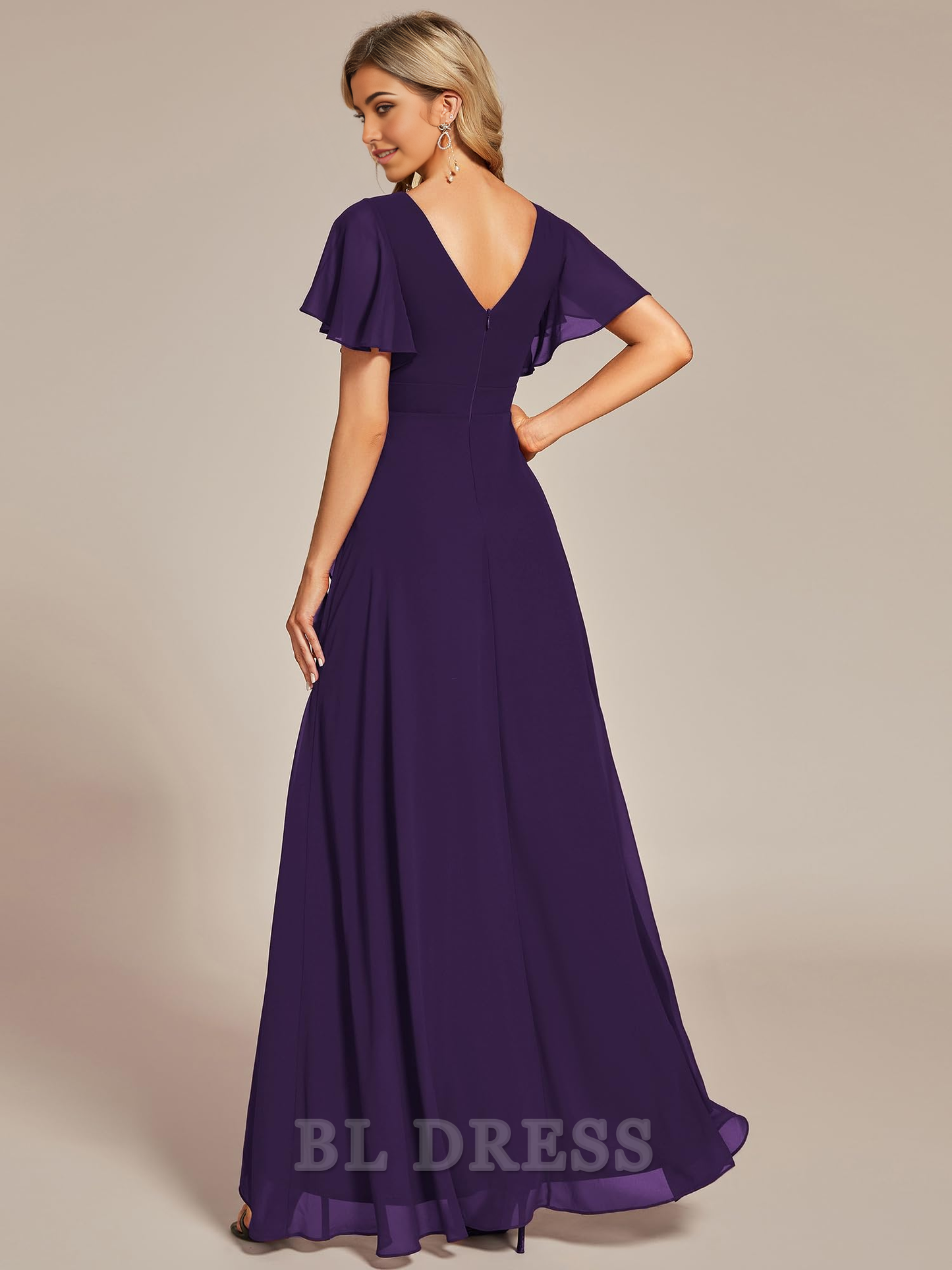 A Line Double V Neck Ruffle Backless High Low Chiffon formal dresses Bridesmaid Dresses evening gown Prom Dress