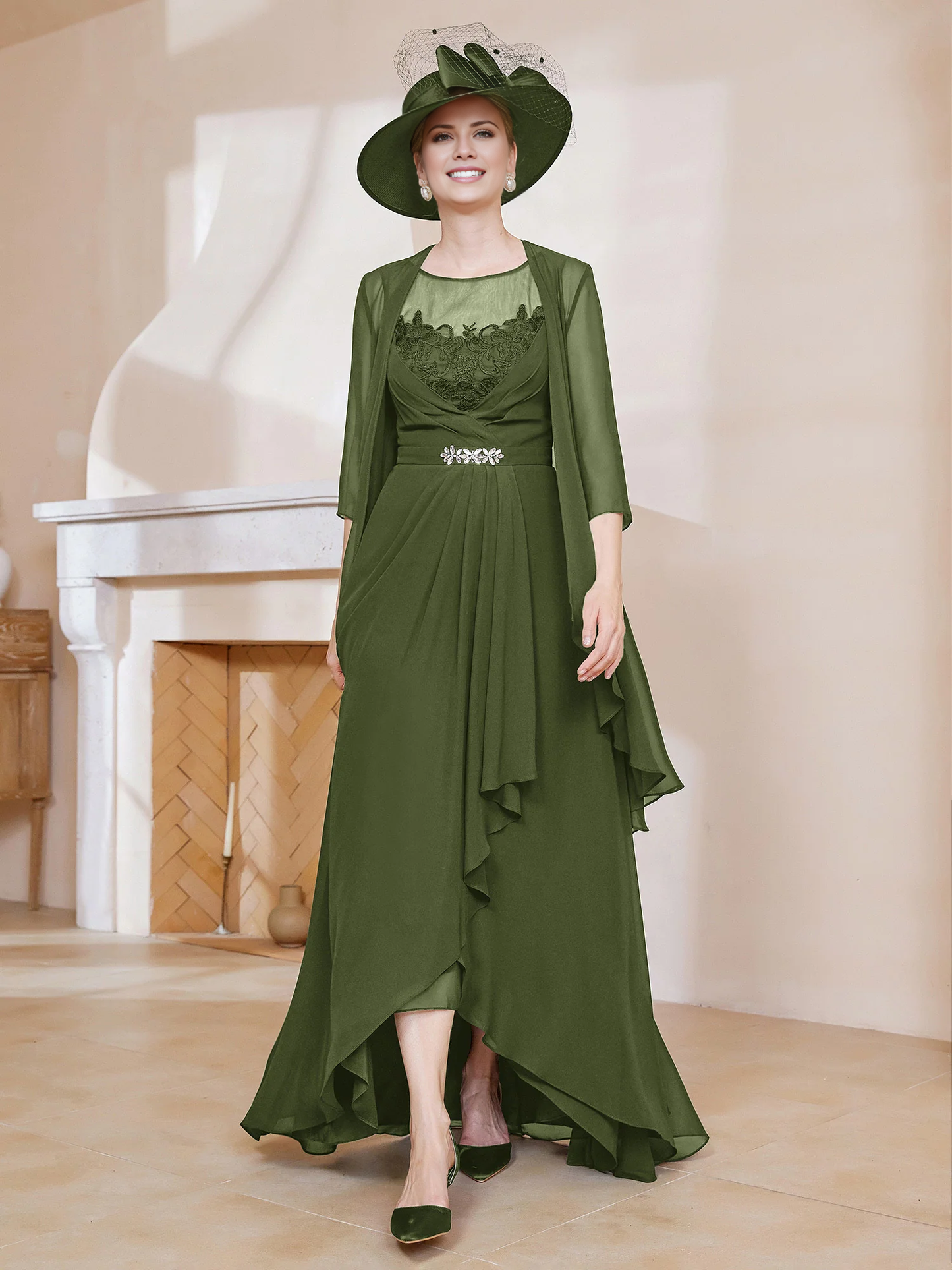 Illusionary collar ruffled dress paired with jacket mother of the bride dress