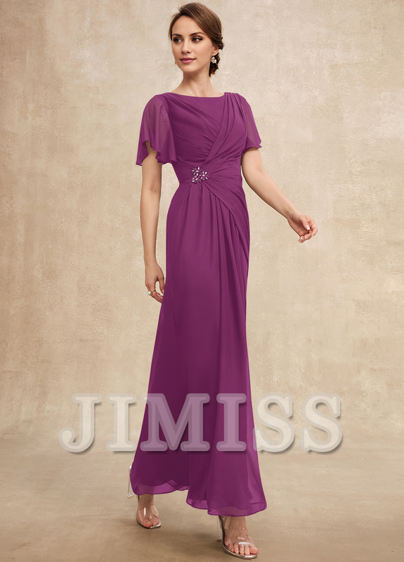 Beaded pleated A-line plunging ankle-length chiffon mother of the bride dress