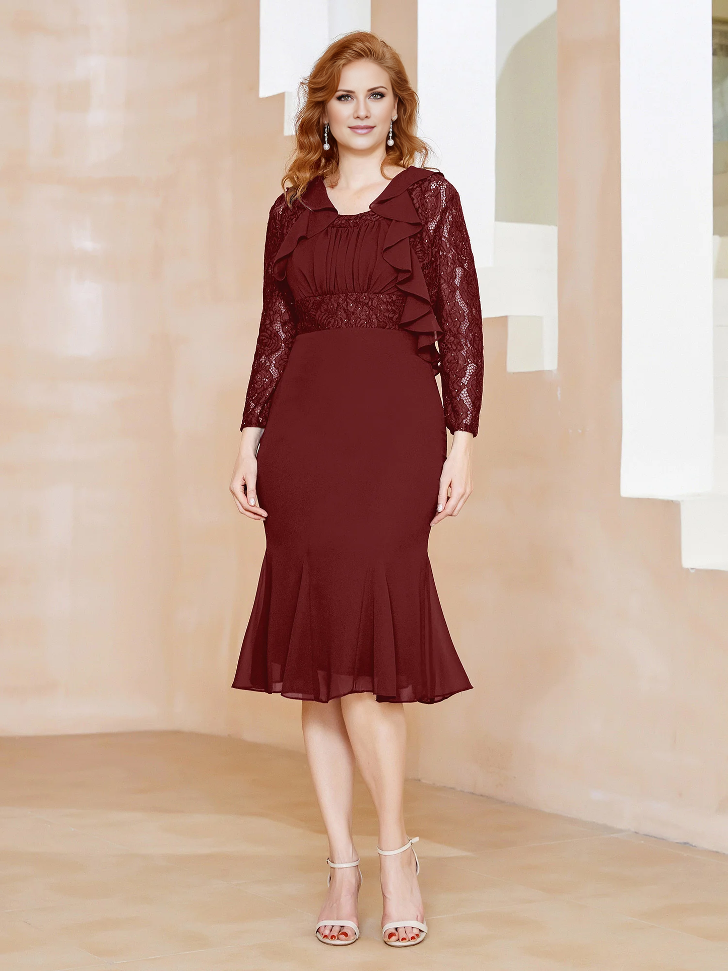 Sparkling lace ruffle tea long mother of the bride dress