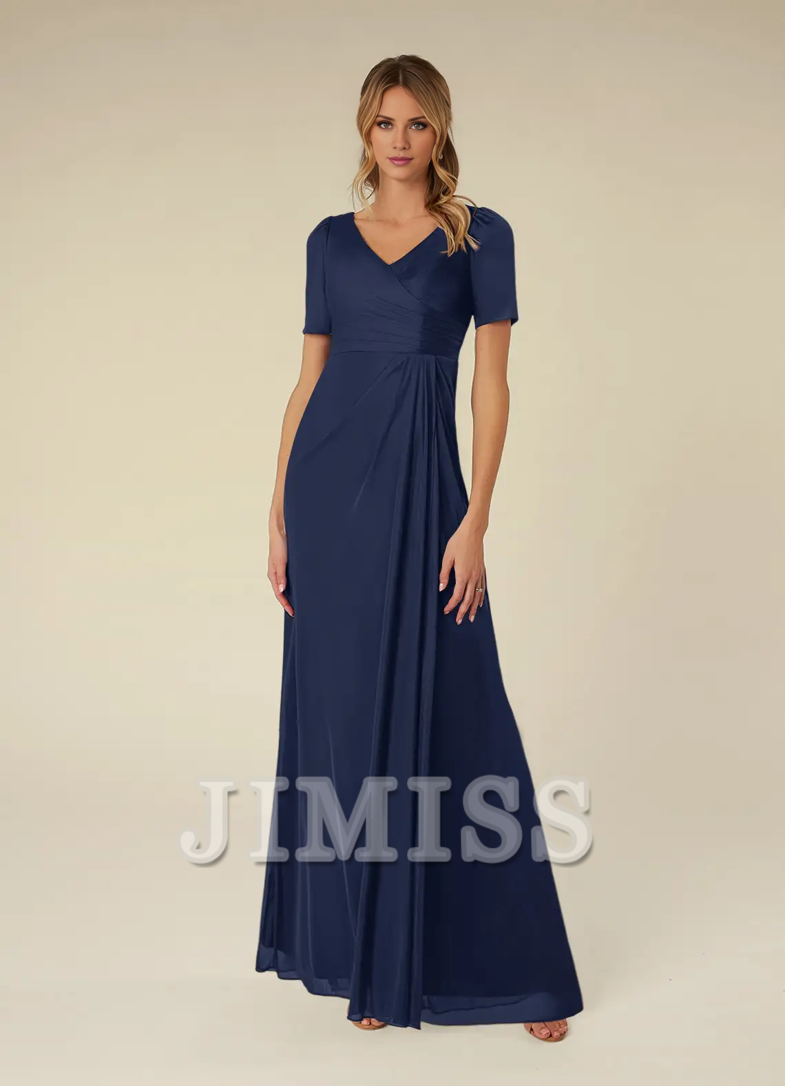 A-line short sleeve pleated mesh floor-length mother of the bride dress