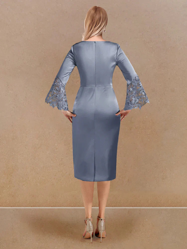 Stickers tight fitting/cylindrical low round neck long sleeved mother of the bride dress