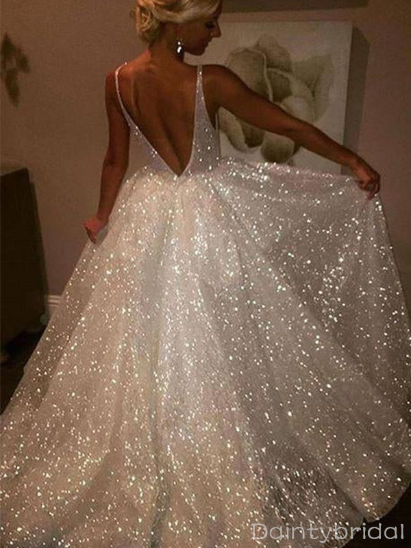 Sparkly Spaghetti Straps V-neck Open Back A-line Long Prom Dresses Evening Dress, OL949