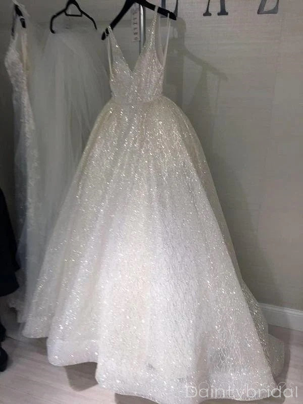Sparkly Spaghetti Straps V-neck Open Back A-line Long Prom Dresses Evening Dress, OL949