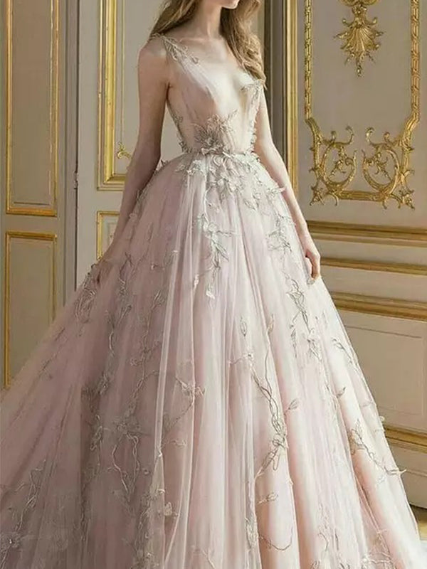 Elegant V-neck A-line Tulle Applique Prom Dress, DB10960