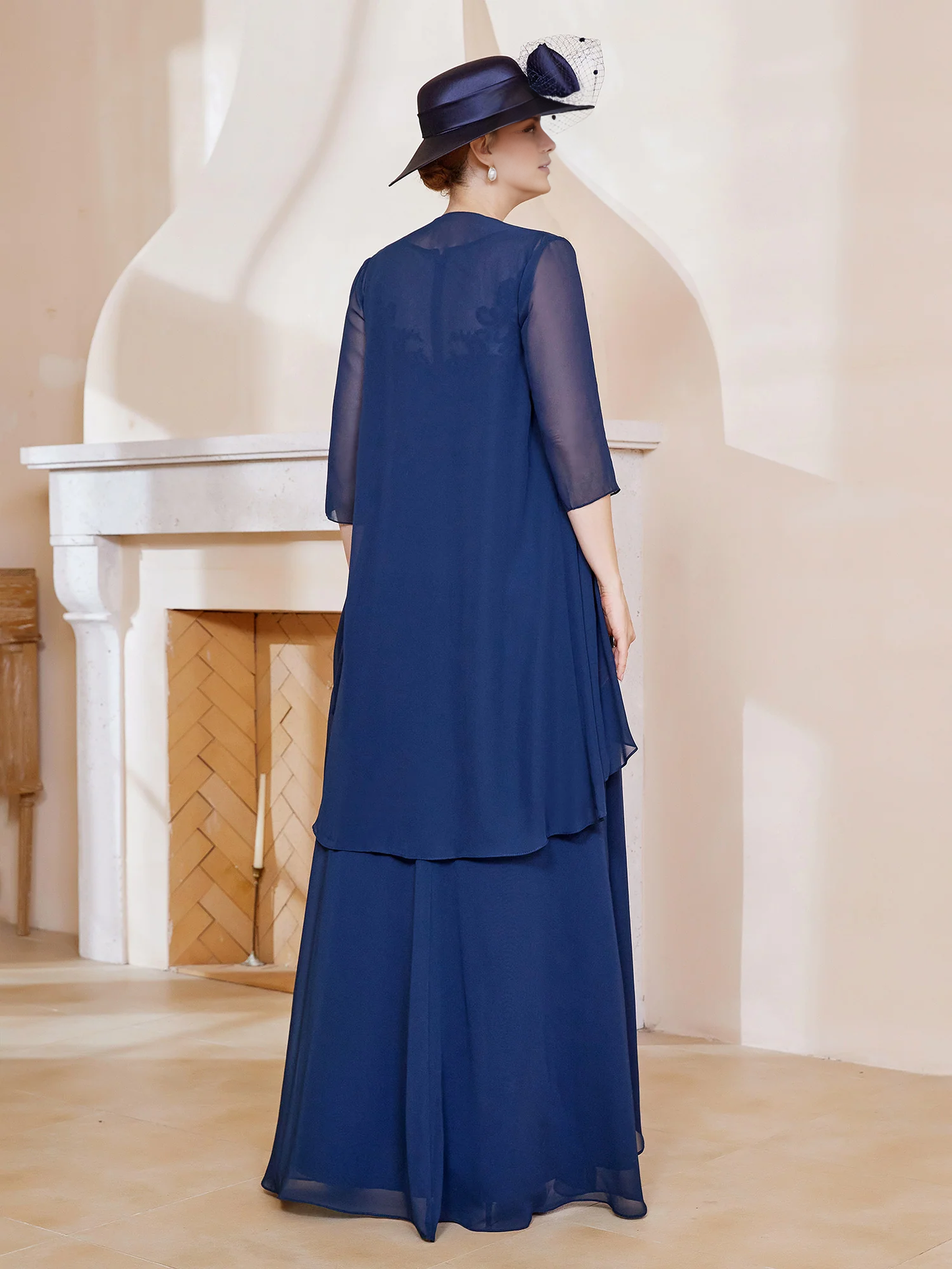 Illusionary collar ruffled dress paired with jacket mother of the bride dress