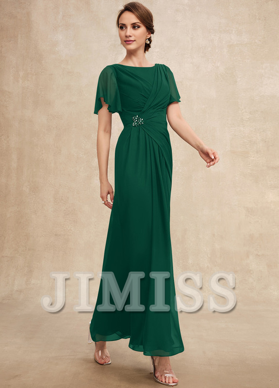 Beaded pleated A-line plunging ankle-length chiffon mother of the bride dress