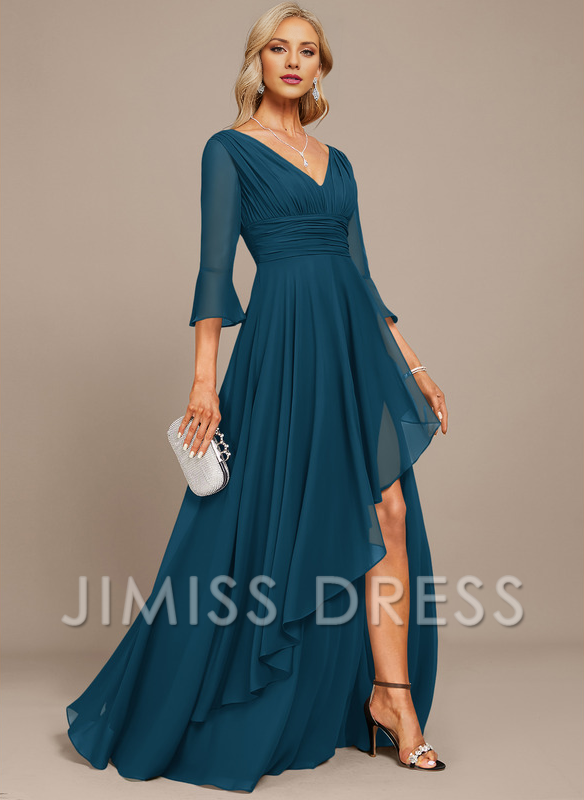 Jimiss A-line V-neck floor mopping chiffon strap with layered ruffles mother of the bride dress