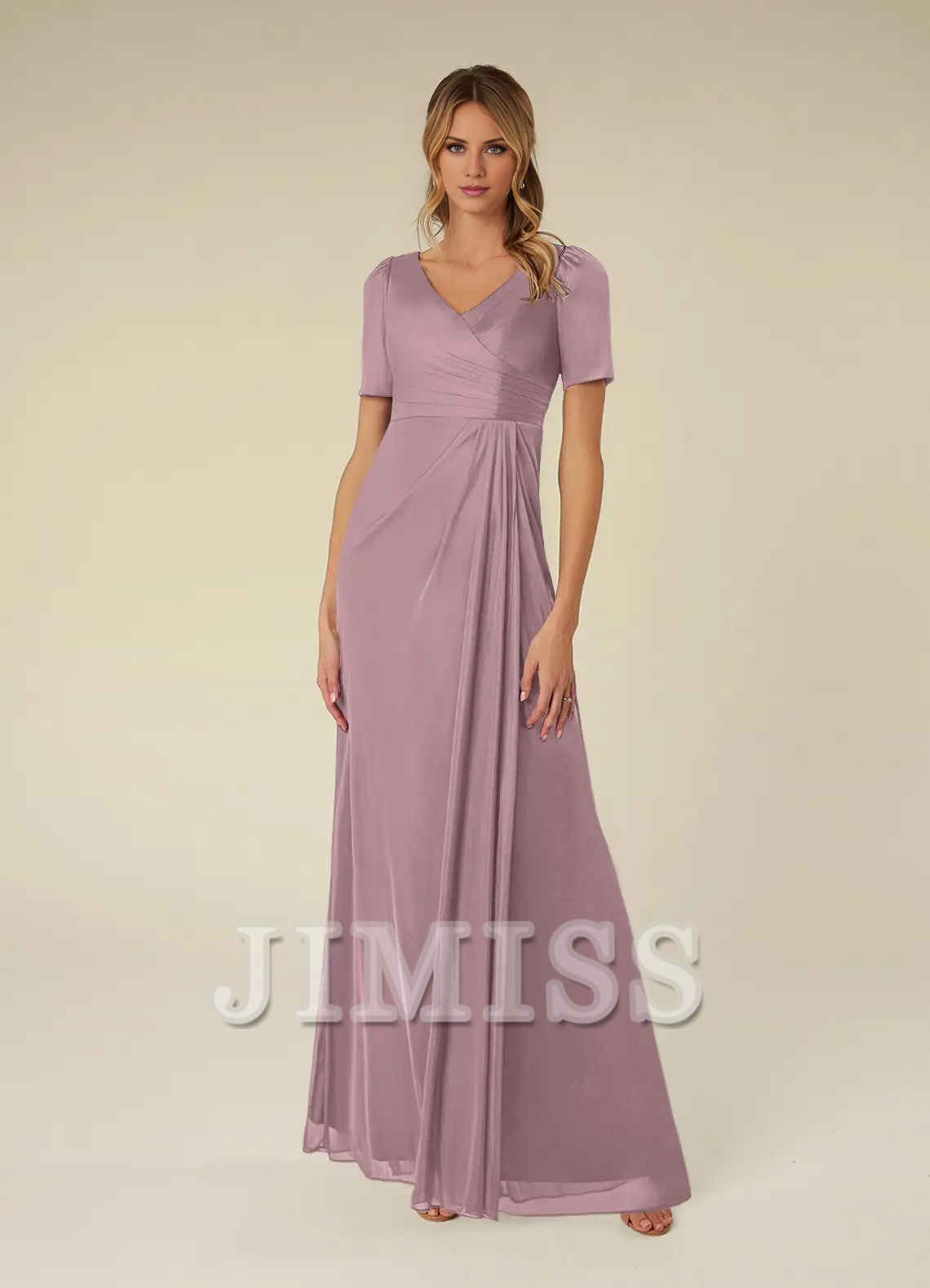 A-line short sleeve pleated mesh floor-length mother of the bride dress
