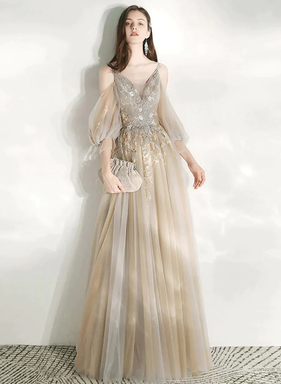 Light Champagne V-neckline Party Dress, A-line Long Prom Dress Evening Dress