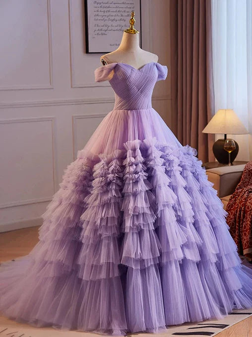 Purple Sweetheart Tulle Layers Sweet 16 Dress Long Prom Dress A Line Off Shoulder Solid Color