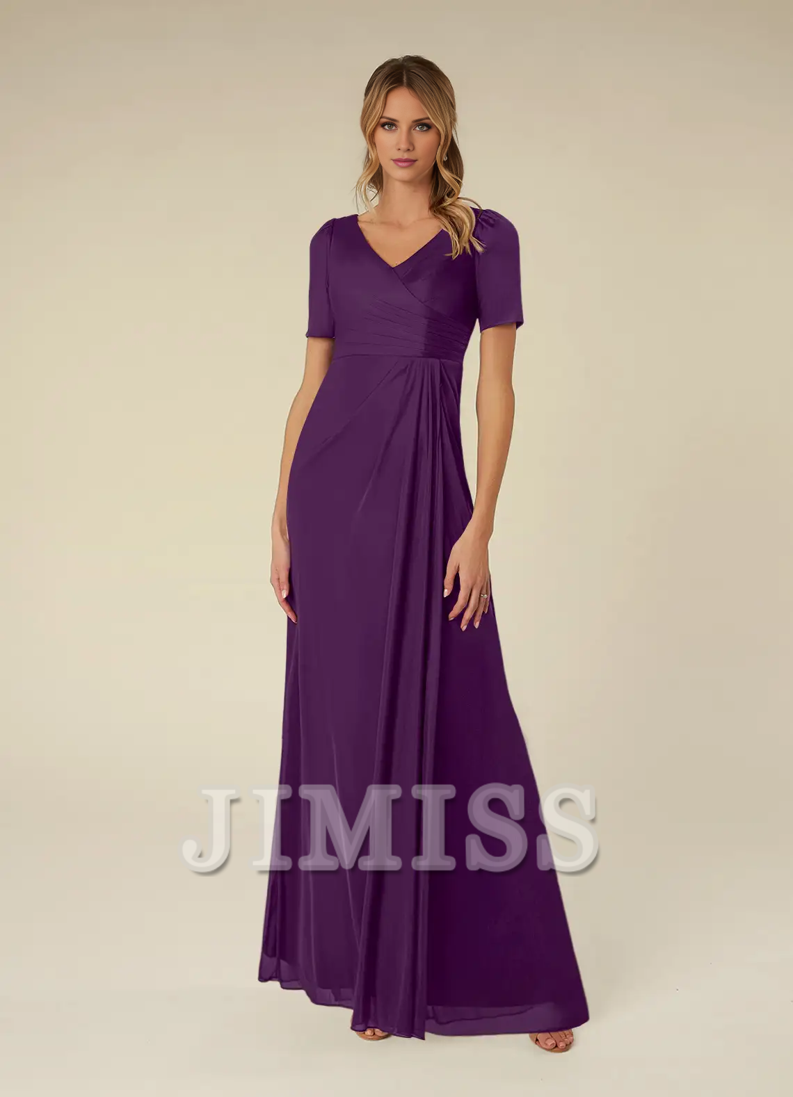 A-line short sleeve pleated mesh floor-length mother of the bride dress