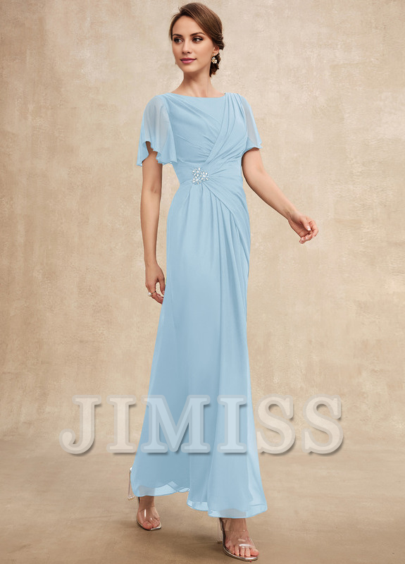 Beaded pleated A-line plunging ankle-length chiffon mother of the bride dress