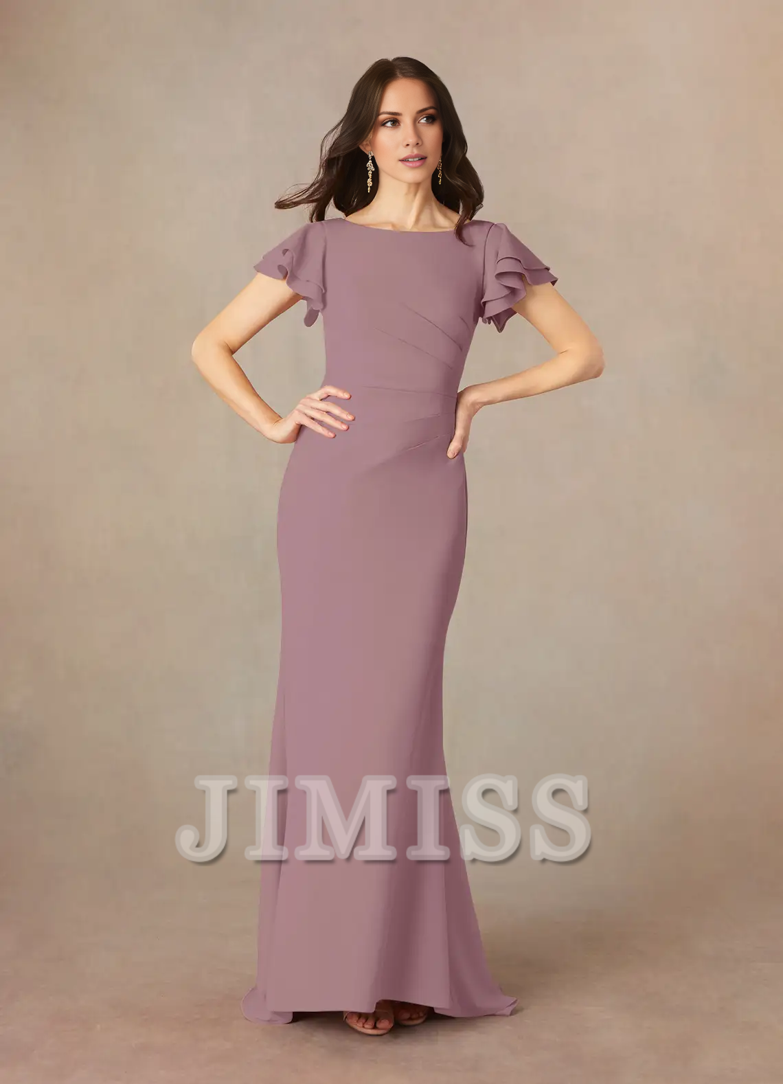 Mermaid spoon pleated crepe floor length mother of the bride dress