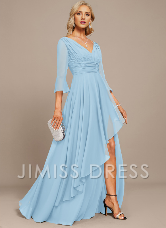 Jimiss A-line V-neck floor mopping chiffon strap with layered ruffles mother of the bride dress