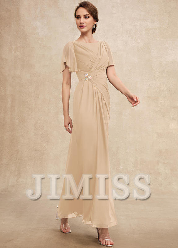 Beaded pleated A-line plunging ankle-length chiffon mother of the bride dress