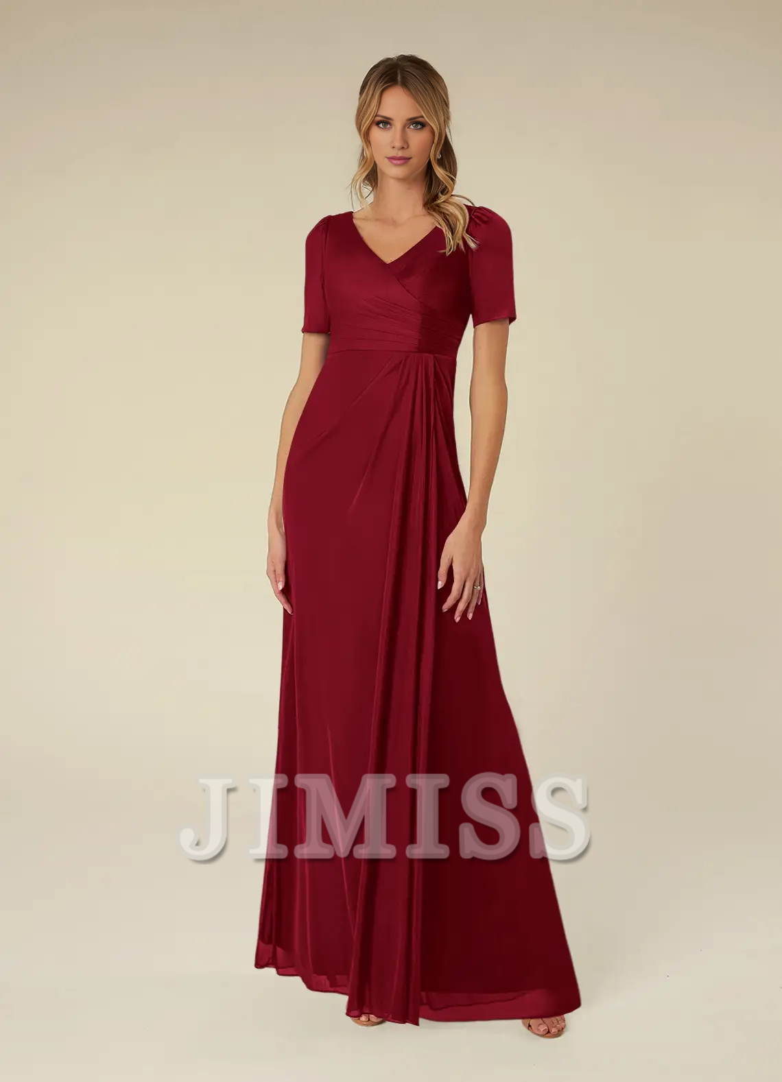 A-line short sleeve pleated mesh floor-length mother of the bride dress