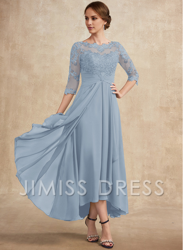 Jimiss A-line hollow illusion asymmetrical lace chiffon belt with layered ruffles mother of the bride dress