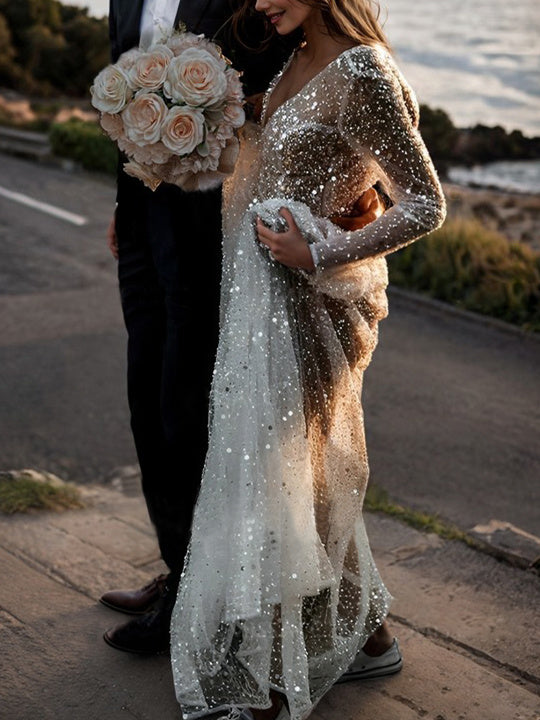 A-Line/Princess V-Neck Long Sleeves Sequins Wedding Dress Charming Evening Party Dress