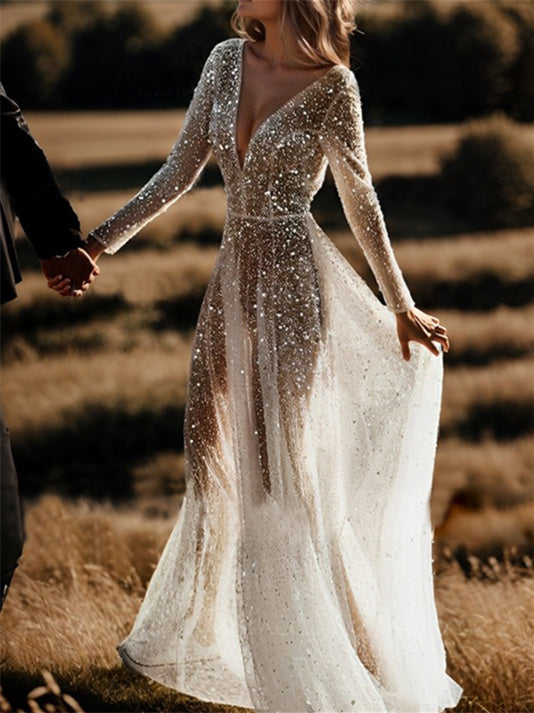 A-Line/Princess V-Neck Long Sleeves Sequins Wedding Dress Charming Evening Party Dress