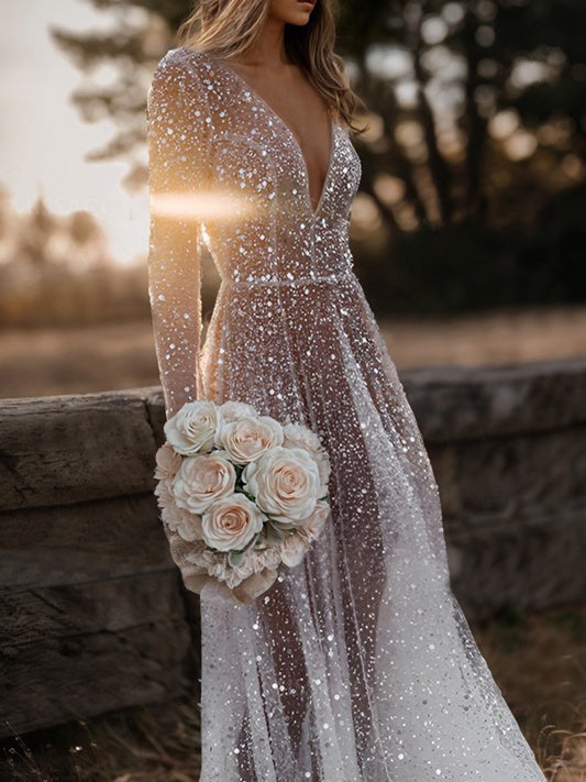 A-Line/Princess V-Neck Long Sleeves Sequins Wedding Dress Charming Evening Party Dress