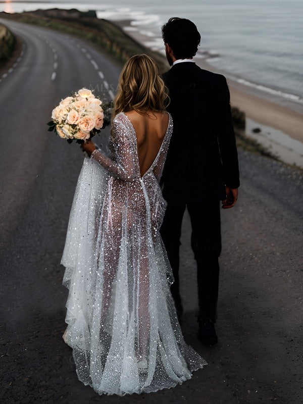 A-Line/Princess V-Neck Long Sleeves Sequins Wedding Dress Charming Evening Party Dress