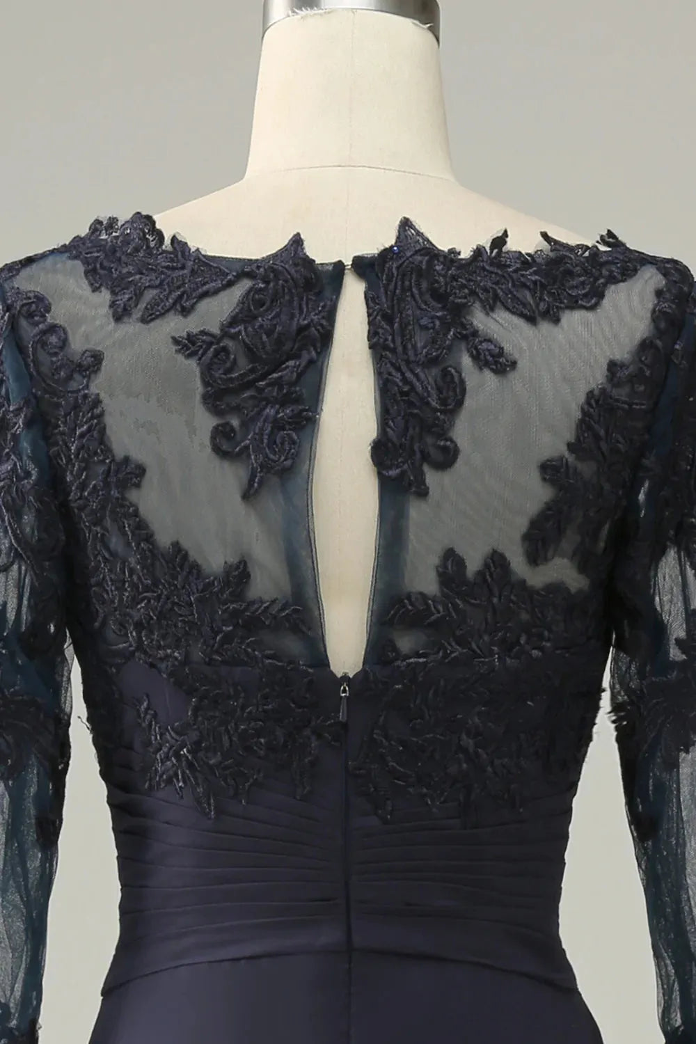 Asymmetric navy blue long sleeved bridal mother dress