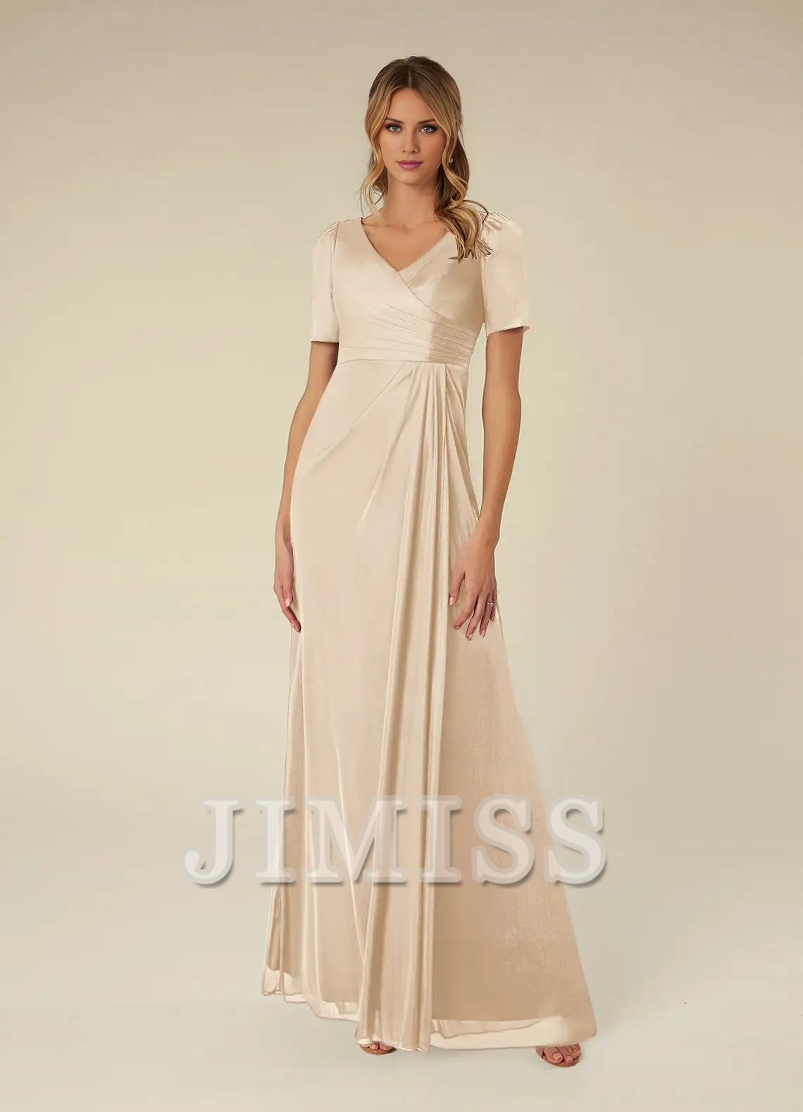 A-line short sleeve pleated mesh floor-length mother of the bride dress