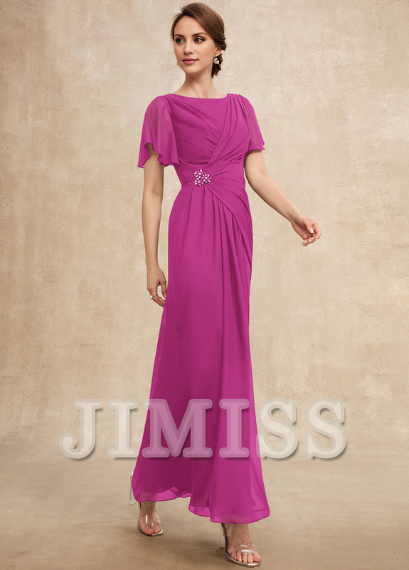 Beaded pleated A-line plunging ankle-length chiffon mother of the bride dress