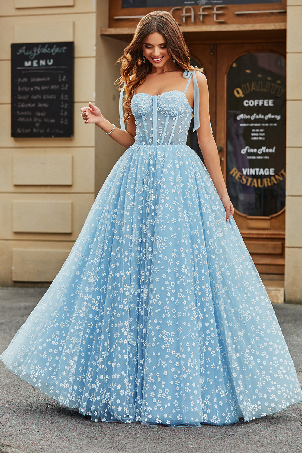 Sky Blue Ball-Gown Spaghetti Straps Corset Long Prom Dress With Floral Floor Length