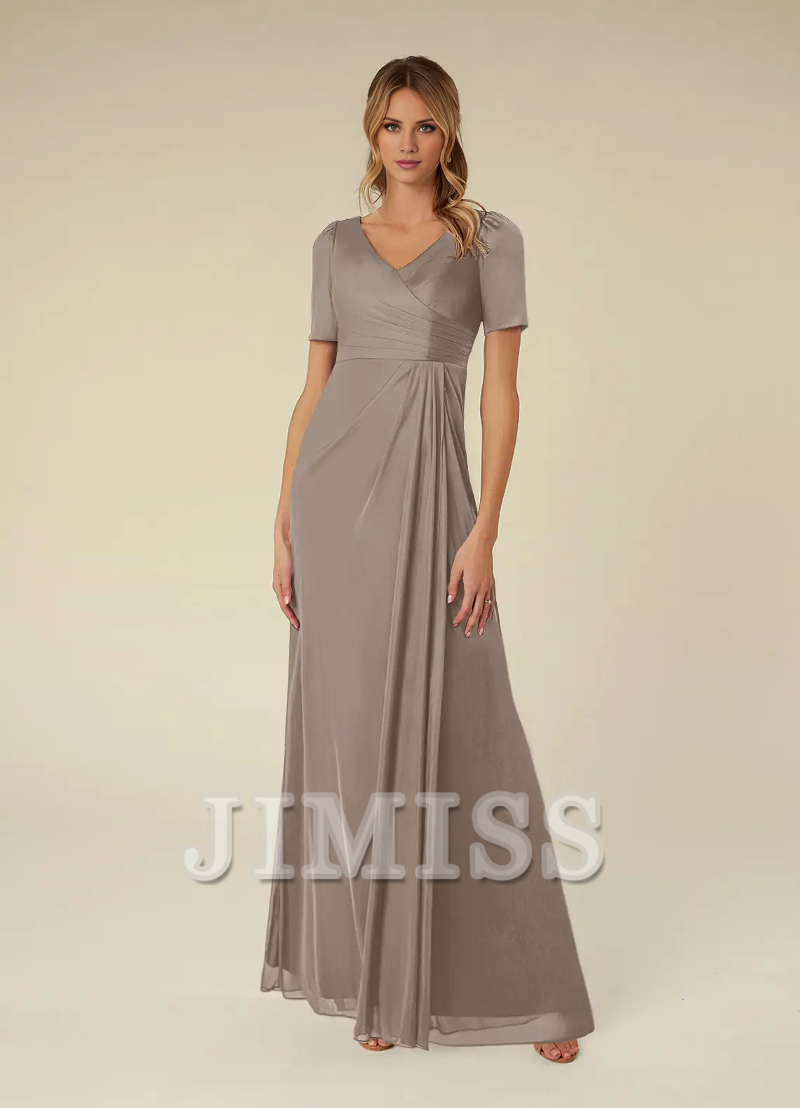 A-line short sleeve pleated mesh floor-length mother of the bride dress