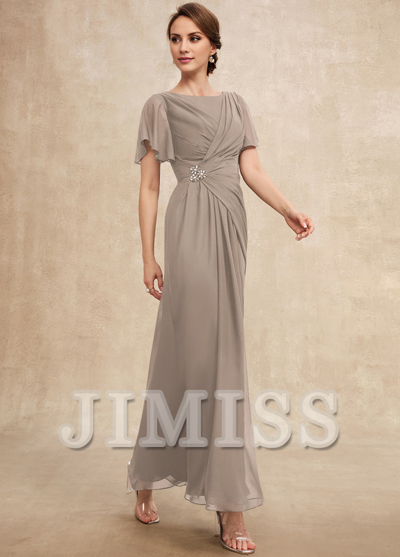 Beaded pleated A-line plunging ankle-length chiffon mother of the bride dress