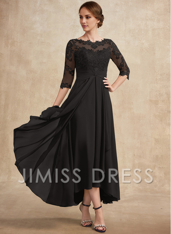 Jimiss A-line hollow illusion asymmetrical lace chiffon belt with layered ruffles mother of the bride dress