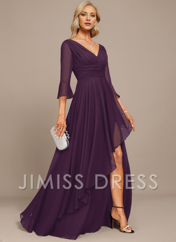 Jimiss A-line V-neck floor mopping chiffon strap with layered ruffles mother of the bride dress