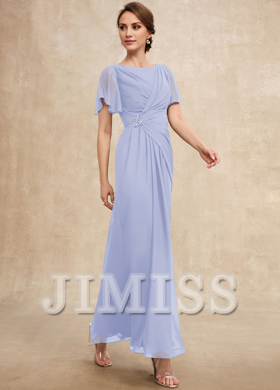 Beaded pleated A-line plunging ankle-length chiffon mother of the bride dress
