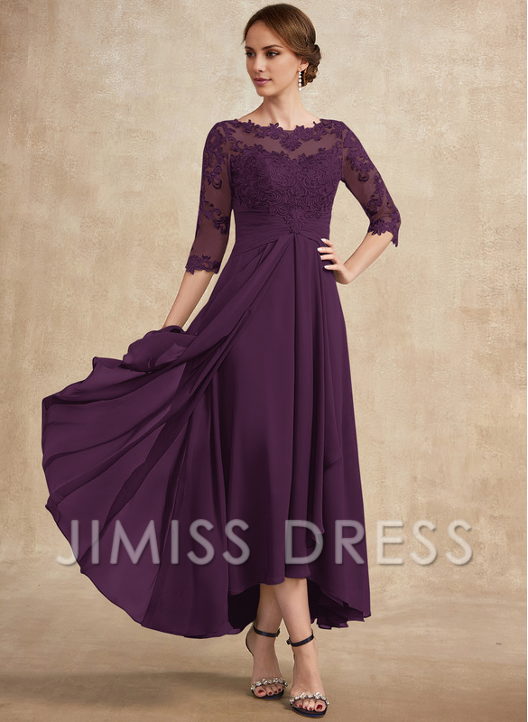 Jimiss A-line hollow illusion asymmetrical lace chiffon belt with layered ruffles mother of the bride dress