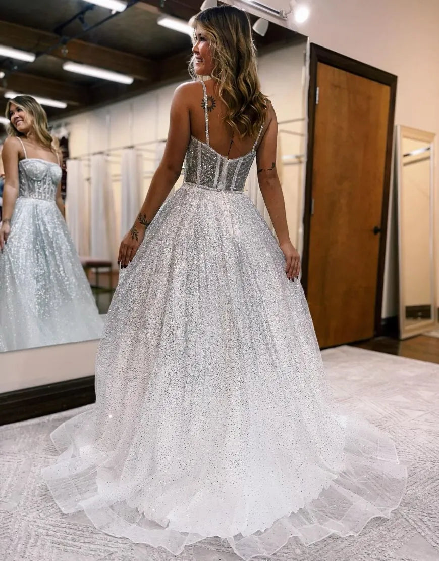 A-Line Spaghetti Straps Tulle Organza Wedding Dress Sparkly Sexy