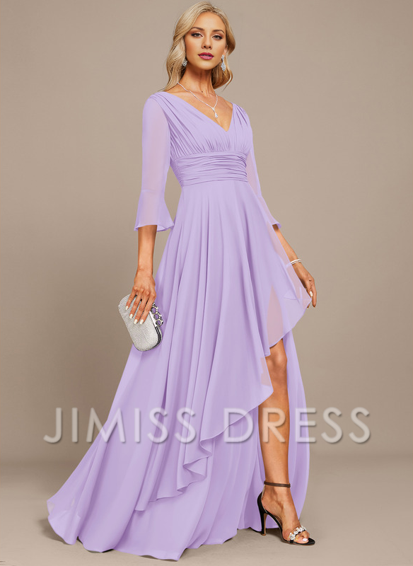 Jimiss A-line V-neck floor mopping chiffon strap with layered ruffles mother of the bride dress