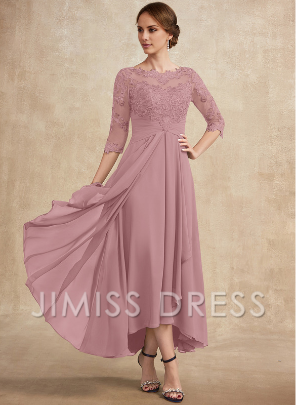 Jimiss A-line hollow illusion asymmetrical lace chiffon belt with layered ruffles mother of the bride dress