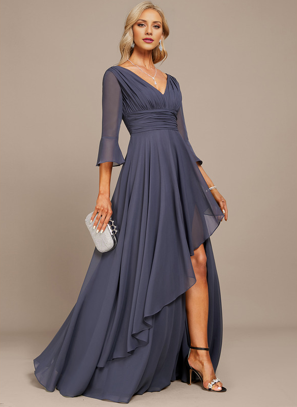 Jimiss A-line V-neck floor mopping chiffon strap with layered ruffles mother of the bride dress