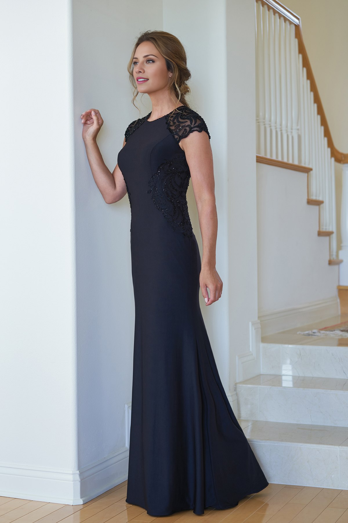 Jewel collar bead embellishments sleeve embroidery and floor length mother of bride dresses