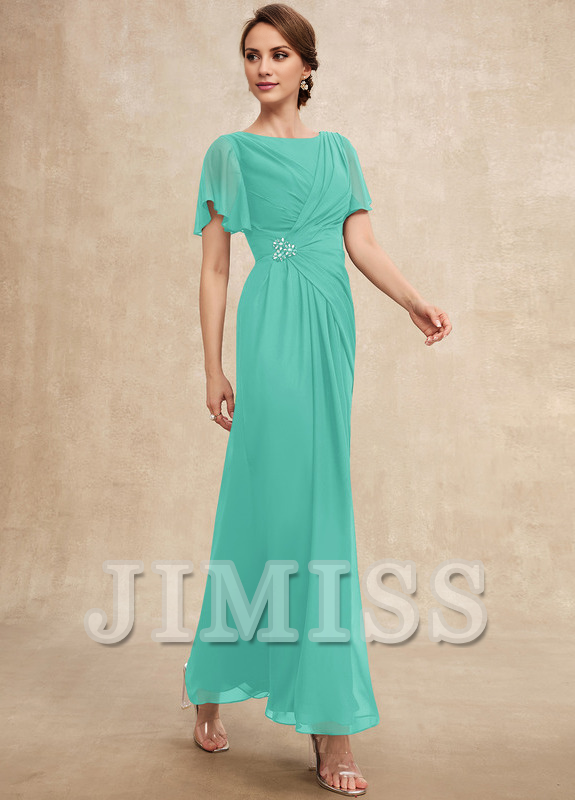 Beaded pleated A-line plunging ankle-length chiffon mother of the bride dress