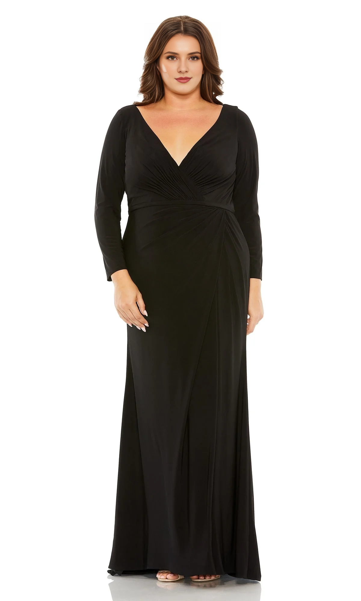 Black V-neck long sleeved formal and floor length Prom dress)